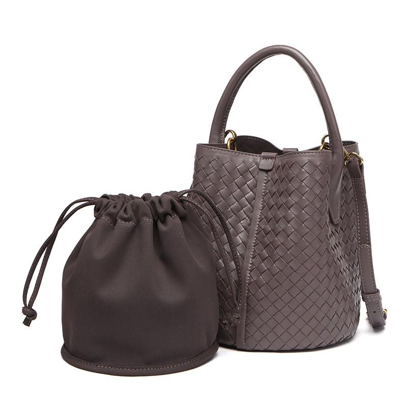 Womens Genuine Leather Woven Bucket Bag Handheld Crossbody Tote In Black Green Beige Mauve White