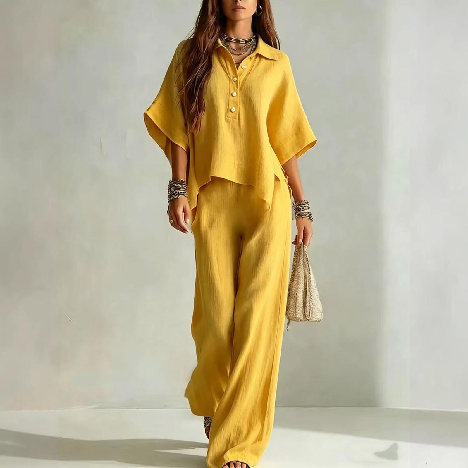 

Women s Summer Fashion Lapel Button Short Sleeved Shirt Top Casual Pants Two-piece Set XL жовтий