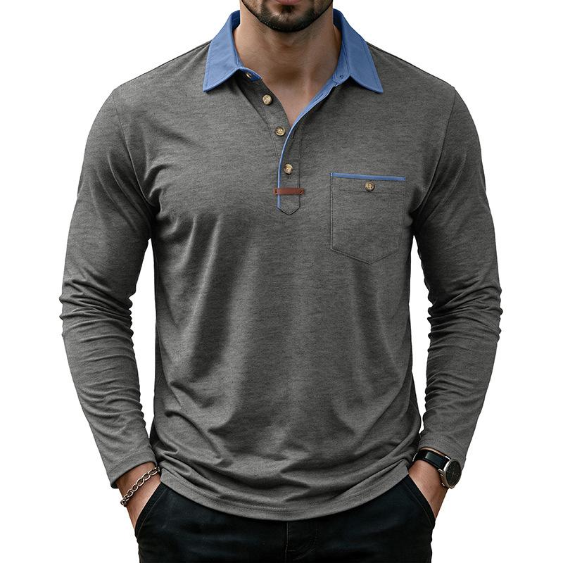 Mens Casual Long Sleeve Polo Shirts Contrast Lapel Button T Shirt with Chest Pocket Solid Color Daily Business Tops