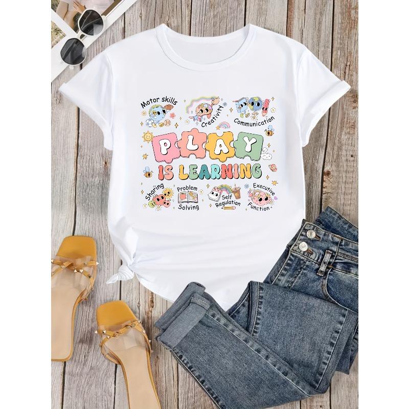 Womens Play Is Learning Teacher Print T Shirt Back To School New Teacher Casual Short Sleeve Top