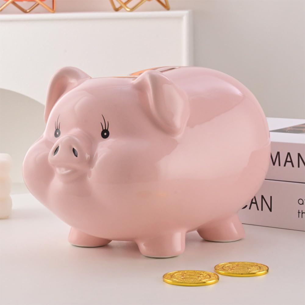 Cute ceramic pig piggy bank, accepts banknotes and coins, unbreakable pig piggy bank for children, perfect as a New Year's or birthday gift (both depo