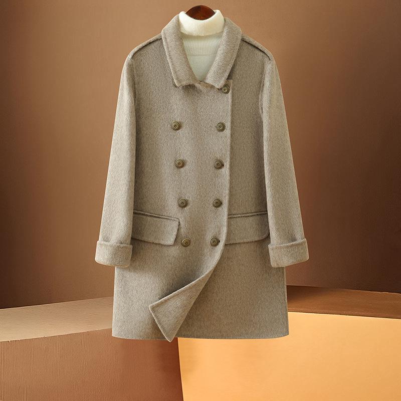 Elegant Double-Breasted Mid-Length Women's Wool Coat in Solid Color - Autumn/Winter Small Fragrance Style