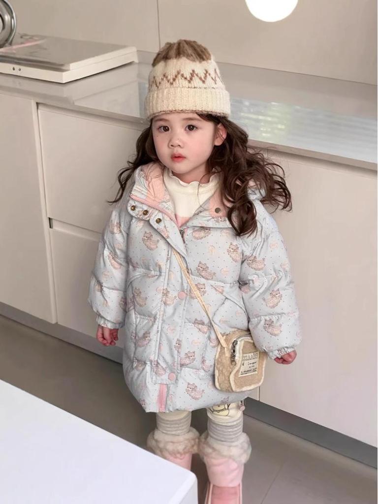 Kids' Korean Style Winter Cartoon Hooded Mid-Length Down Jacket - Girls 90% White Duck Down