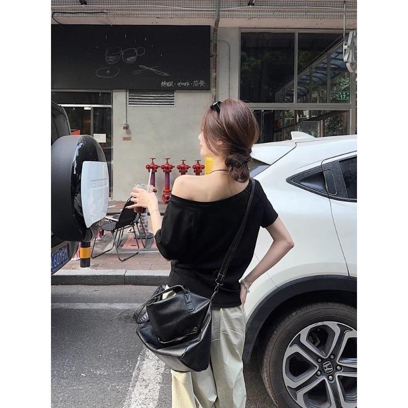 New Black One Shoulder Short Sleeve T-Shirt Women's Summer Pure Desire Loose Chic Top