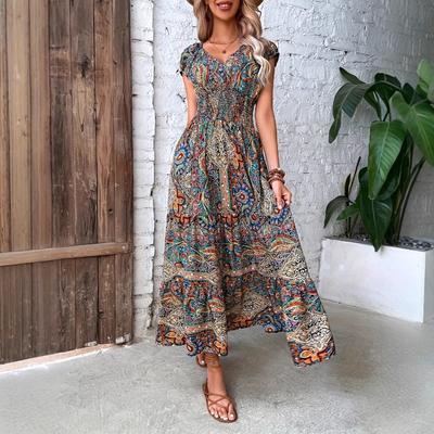 Summer Women's Bohemian High Waist Long Maxi Dress, European American Style Casual Fashion Dress for Women, Crossborder Wholesale