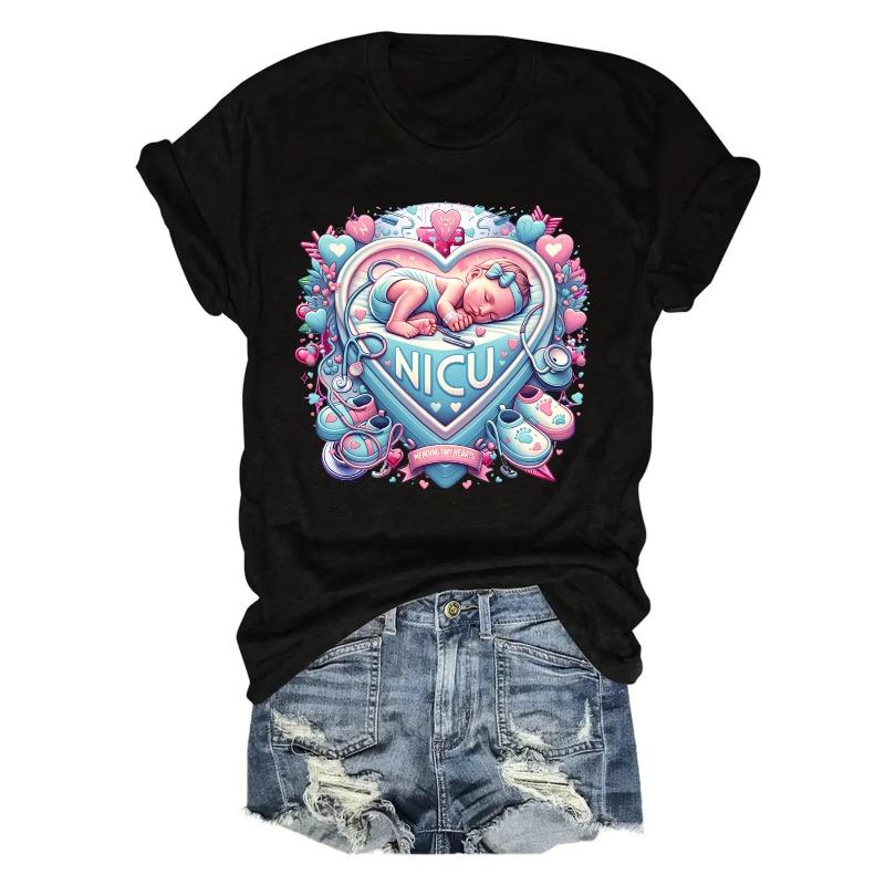 

European Size Casual Crew Neck Short Sleeve T-Shirt with Cute Graphic - NICU Design, Pink & Blue Heart Theme, All-Season Wear 4XL