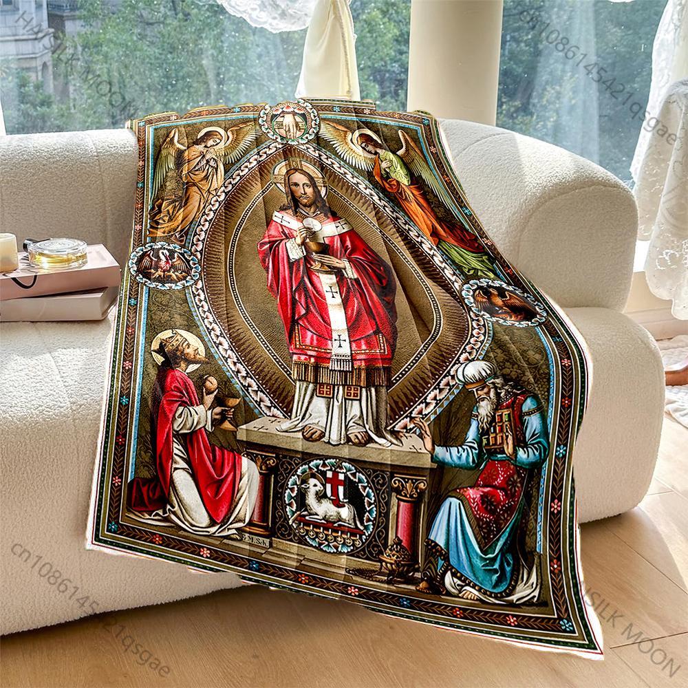1PC Jesus' Holy Grail with angels Faith-printed Flannel Blanket Soft and Warm Suitable for Home Travel Picnics Camping and RV