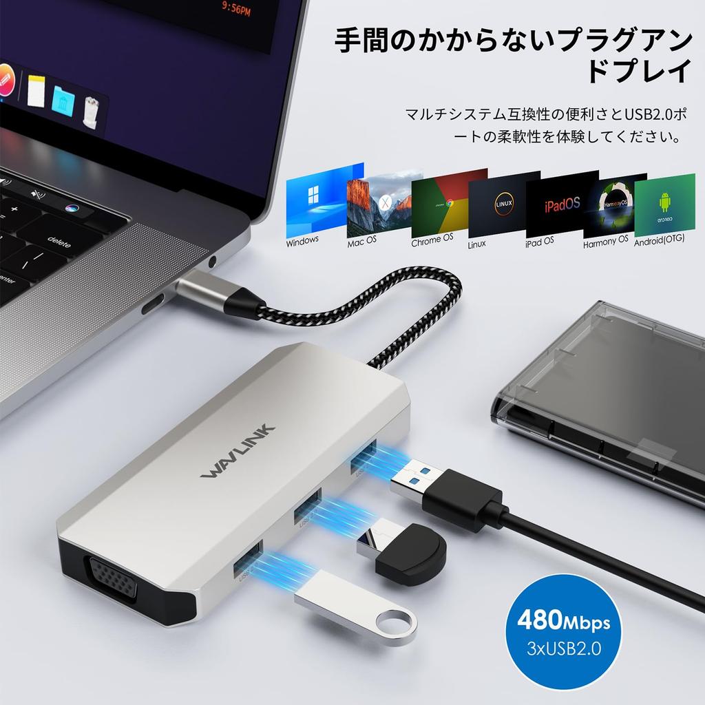 WAVLINK USB-C Dock Quad Monitor, 7-in-1 Laptop Docking Station, Dual 4K DP, 4K HDMI, 1080P VGA, 480Mbps USB 2.0-A Multiport Adapter for MacBook, Dell