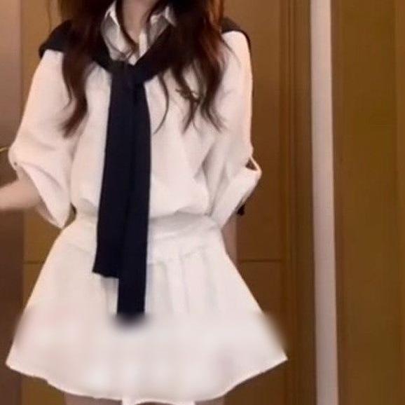 Korean leisure college style white shirt top women s 2026 summer new temperament fashion skirt two-piece set S