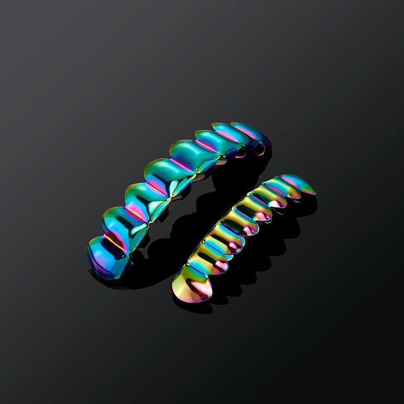 Blues Brass Rainbow Color 8 Top 8 Bottom Teeth Grillz Unisex for American Hip Hop Halloween Party Gift