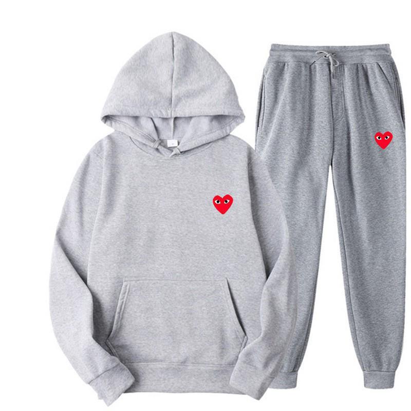 2025 Unisex Printed Heart Sportswear Set: Trendy Two-Piece Hooded Sweatshirt & Velvet Joggers for Autumn/Winter