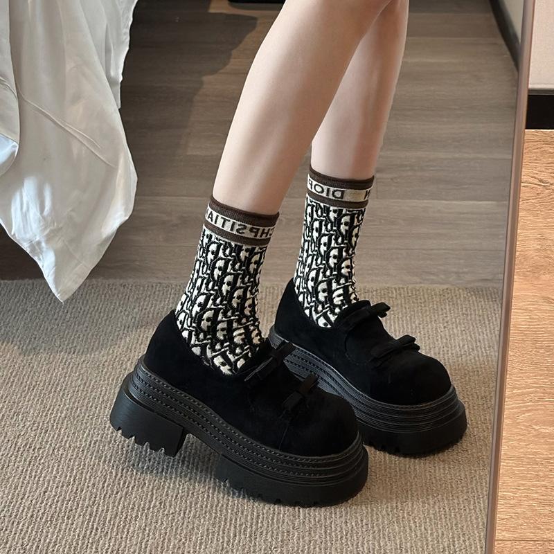 British style bow small leather shoes women's 2025 spring new platform loafers one-pedal black leather single shoes