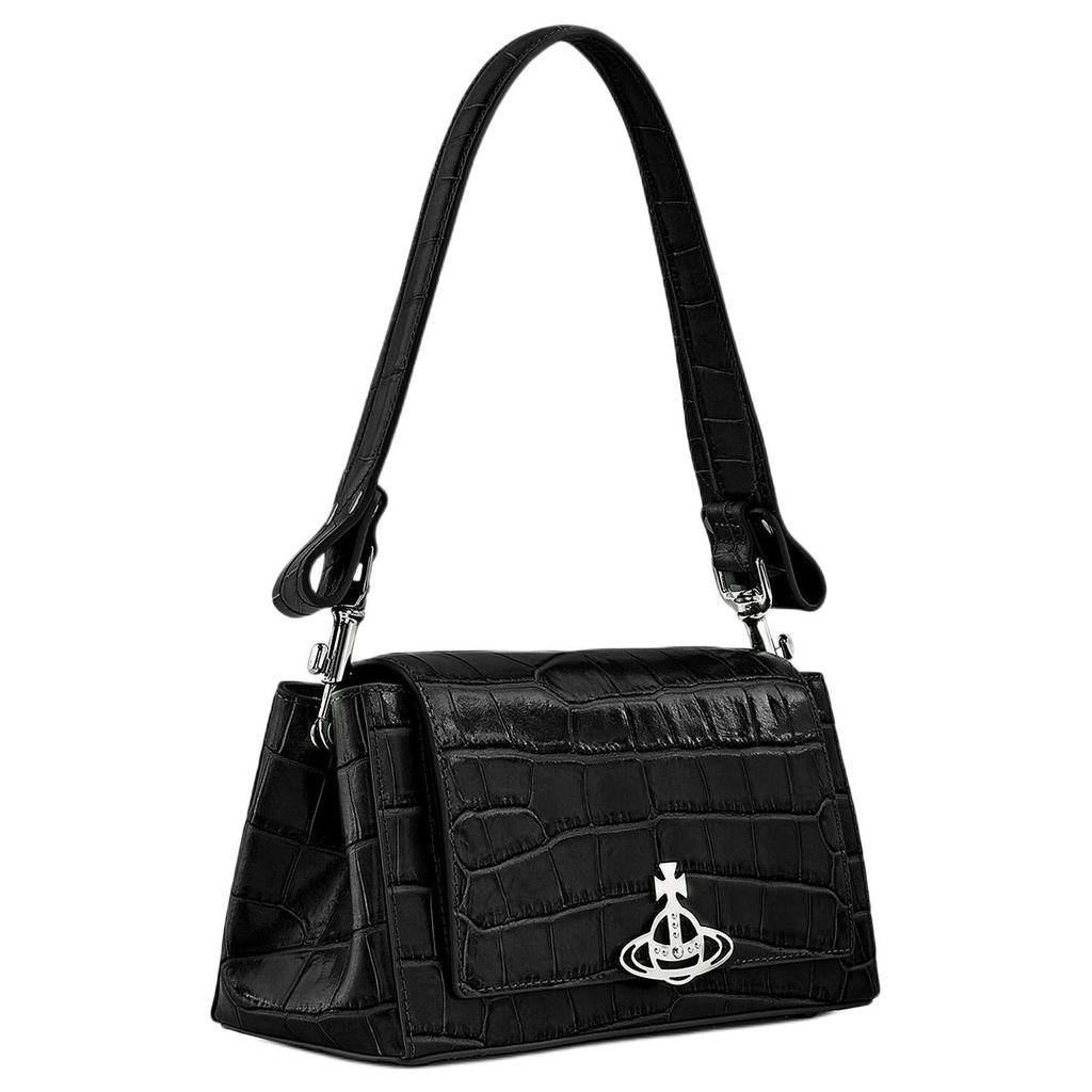 VIVIENNE WESTWOOD Hazel Magnetic Flap Crocodile Embossed Leather Underarm Bag Baguette Shoulder Tote Women Bags Black 42020005L001HN401