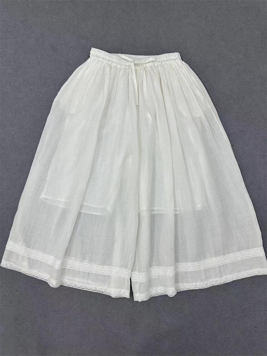 

Johnature Patchwork Lace Pants Women Summer Lace-up Elasticated Waist High Waist Wide Leg Women Pants One Size белый