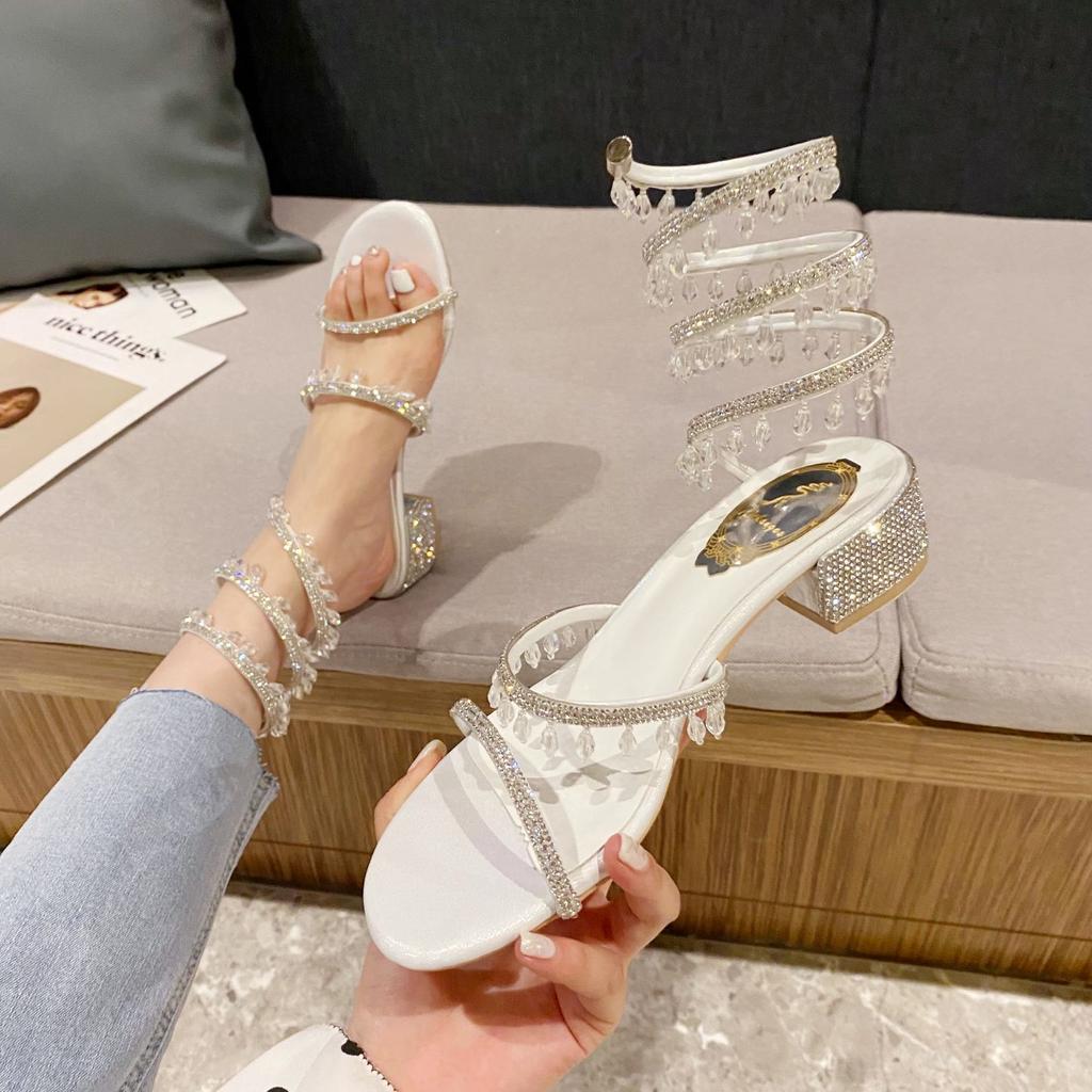 Summer Women's Sandals Luxury Club Square Toe Pendant Rhinestone Snake Pattern White Heel Sandals Wedding Party Shoes