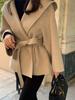 Korea Elegant Design Retro Warm Coat Women French Vintage Hooded Woolen Jacket Tie Harajuku Fashion Short Blends Winter New