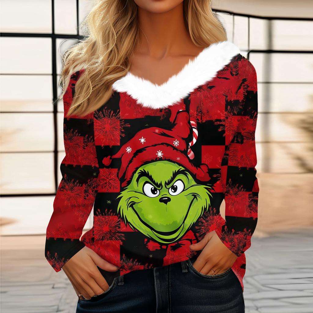Damen Weihnachtsbedrucktes Langarmshirt V-Ausschnitt Lässig Locker Geschnitten T-Shirt Oberteile