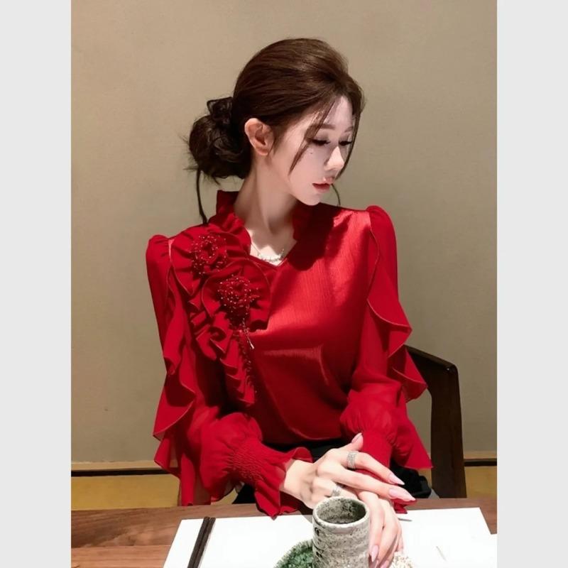 Winter Light Luxury Unique Design Christmas New Year Wear Red Three-dimensional Flower Shirt Top