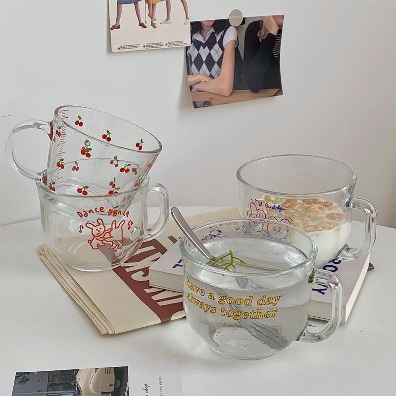 Printed Transparent Creative Glass Coffee Tea Drinks Dessert Breakfast Milk Cup Glass Mugs Handle Drinkware