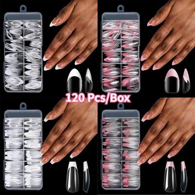 120 Peças/Caixa Unhas Falsas Acrílicas Comprimento Médio Quadrado Amêndoa Armadura Cobertura Completa Dicas de Unhas Podem ser Removíveis Tamanho Misto Unhas Postiças Decoração de Arte