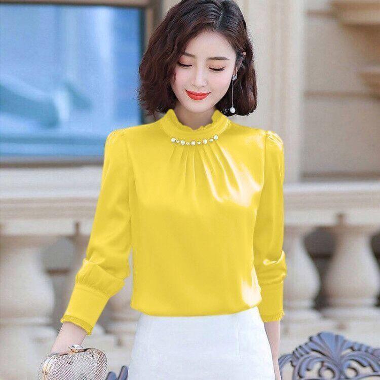 Women's Satin Long Sleeve Shirt Slim Top Workwear Loose Plus Size office Shirt