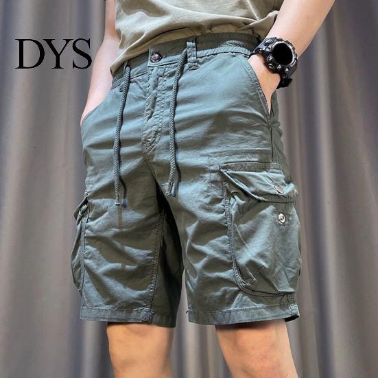 Men Cargo Shorts Elastic Waist Adjustable Drawstring Casual Straight Leg Beach with Reinforced Pockets Solid Color