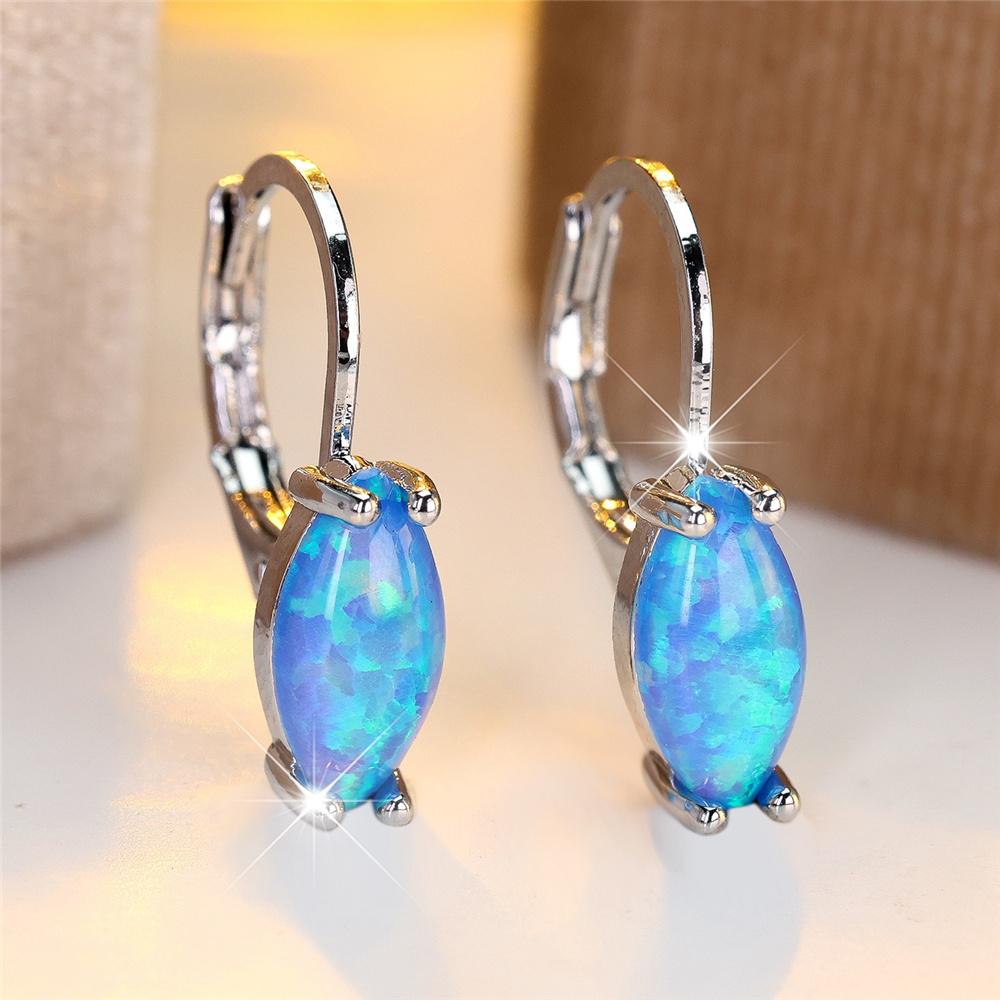 Luxury Blue Pink White  Opal Oval Stone Hoop Earrings For Women Vintage Female Fashion Silver Gold Color Wedding