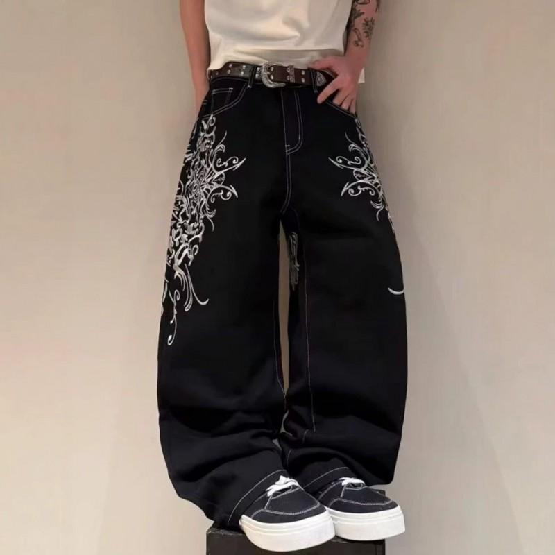 High-Waisted Wide-Leg Embroidered Denim Jeans Men Streetwear Casual Straight Fit