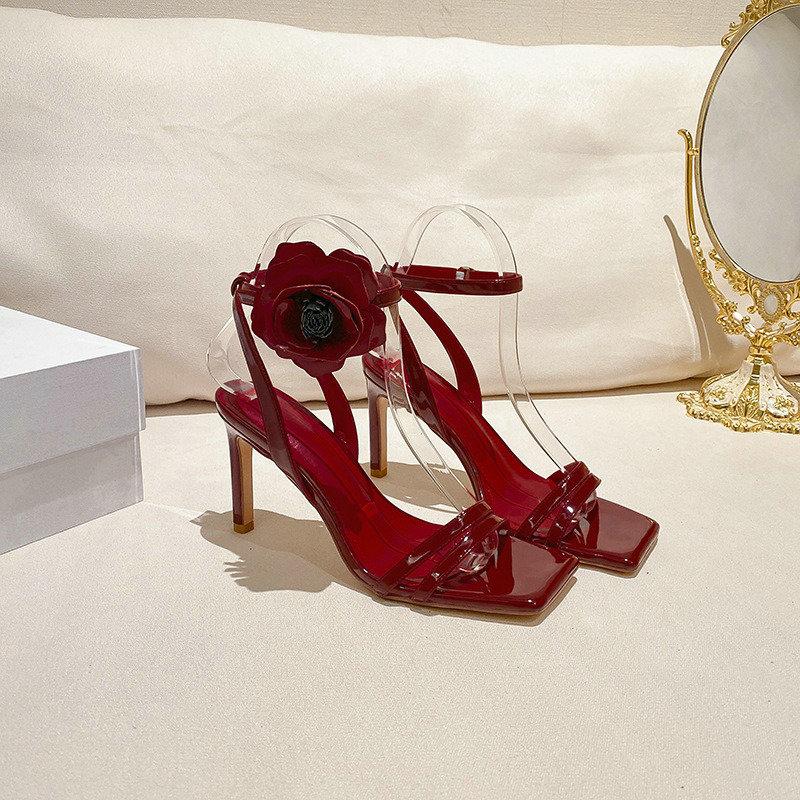 Fashion 2025 New Niche Designer Square Head Patent Leather Flower Open-Toe Line With High Heel Sandals Large Size 42.43