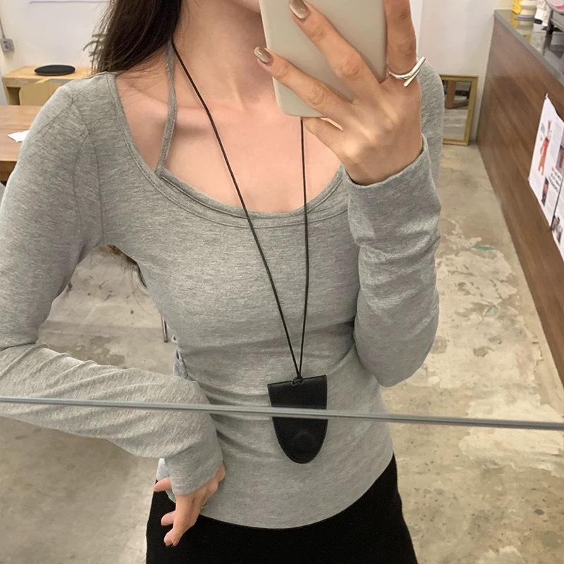 Damski 2025 Jesień/Zima Szczotkowany Slim Fit Długi Rękaw Warstwowy T-shirt z Wkładką na Biust.