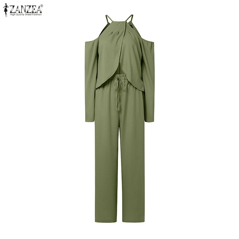 

ZANZEA Two Piece Suit Women Cold Shoulder Long Sleeve Irregular Blouse and Pants Sets 5XL темно-синий