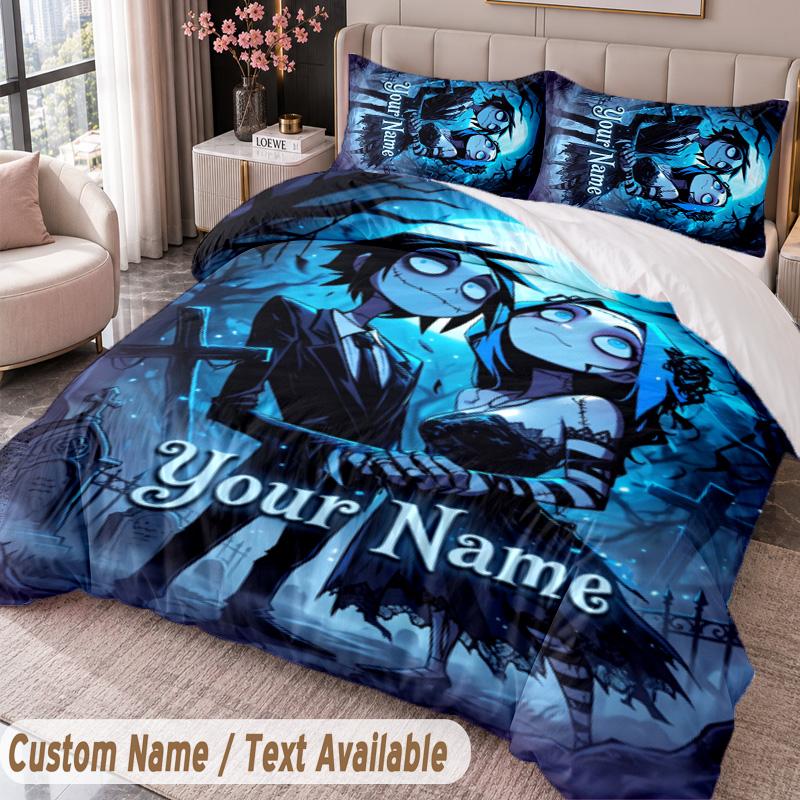 Custom Name Text 3Pcs Bedding Set Corpse Bride Emily Victor Duvet Cover And Two Pillowcases