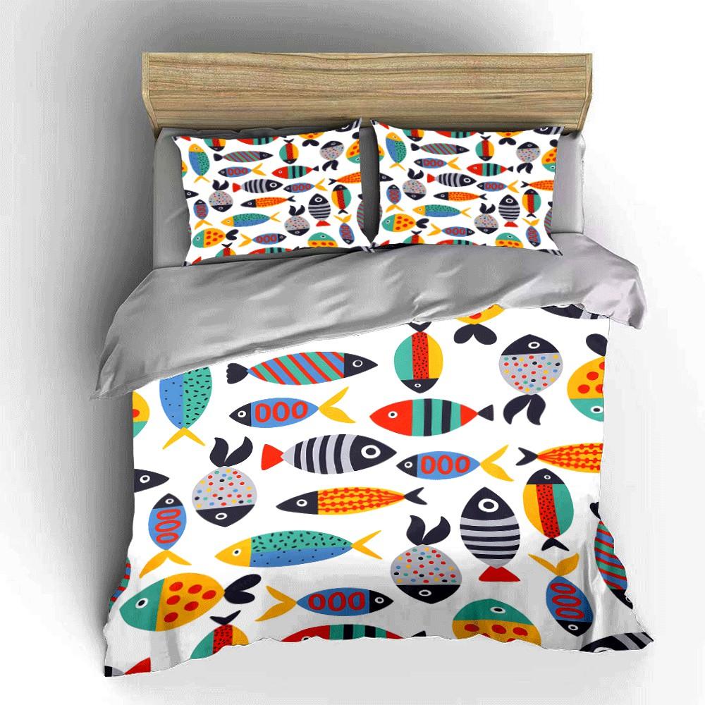 Colorful Fish Pattern Home Set Exquisite Three-piece Bedding Set Gift for Kids and Adults