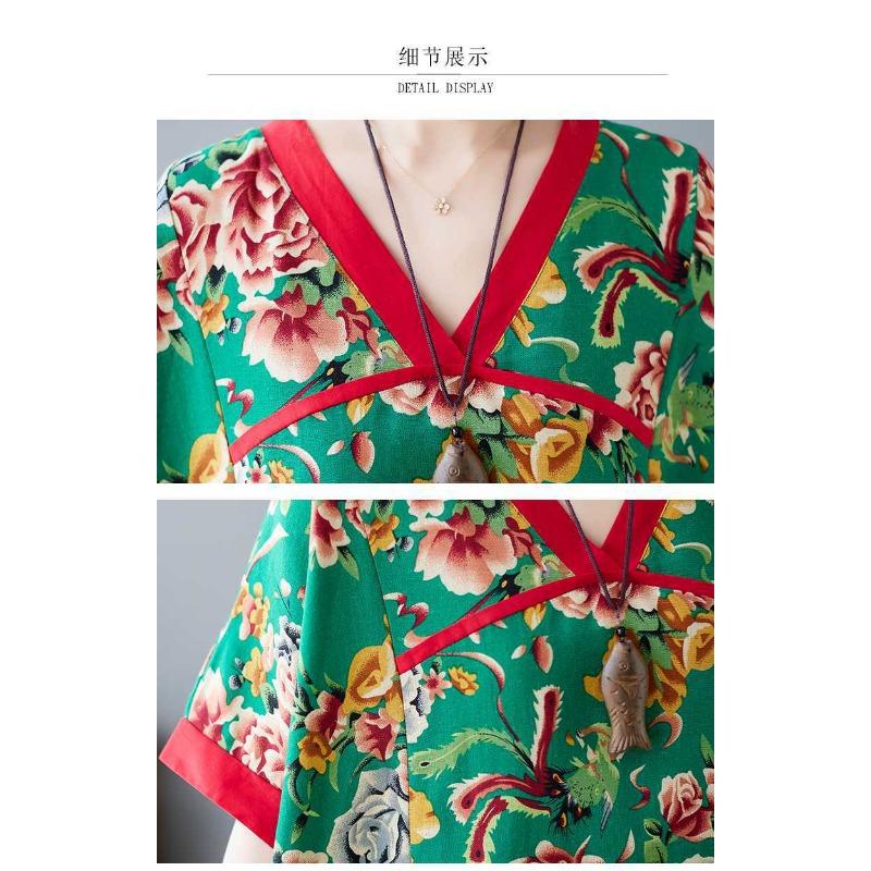 Summer New Printed V-neck Loose Large Size Chinese Style Long Dress Temperament Female