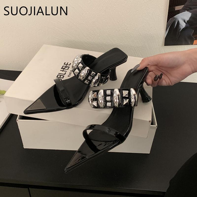 Fashion SUOJIALUN 2025 Summer New Brand Women Slipper Fashion Rivet Pointed Toe Slip On Ladies Slides Thin High Heel Outdoor Dress Sanda