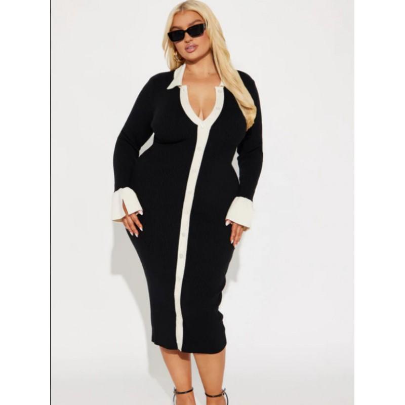 Elegant French Style Knit Midi Dress With Flared Sleeves High Waist Colorblock Detail Womens Winter Outfit