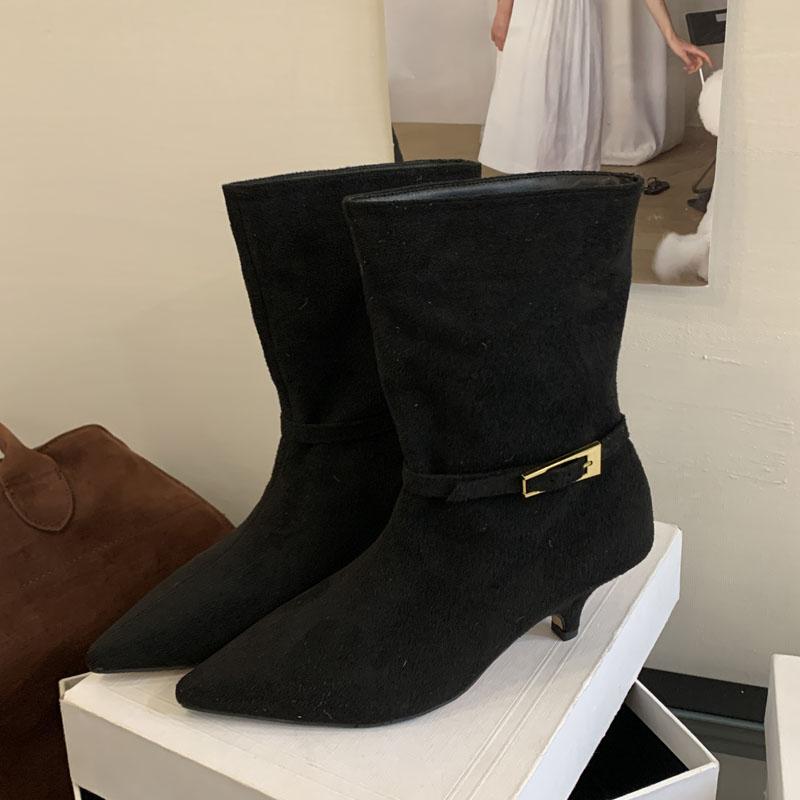 

Fashion Eilyken Fashion Strap Buckle Pointed Toe Women Ankle Boots Vintage Autumn Winter Thin Low Heels Casual Ladies Shoes 35 чёрный