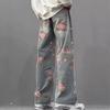 Printed Rose American Micro-horn Jeans Men's Autumn Loose High Street Vibe Trendy Brand New Straight Trousers