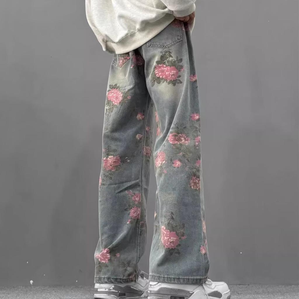Printed Rose American Micro-horn Jeans Men's Autumn Loose High Street Vibe Trendy Brand New Straight Trousers