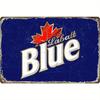 Vintage Mokarier Labot Blues Metal Tin Sign    Wall Art with Distressed Blue Background  Red Maple Leaf Design Rustic Home De