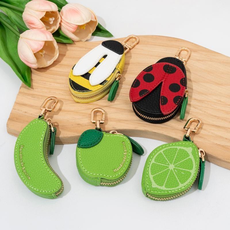 Cute Fruit Shape Mini Pu Leather Keychain Pouch, Lemon Banana Zipper Coin Earbud Storage Handbag Charm For Women Girls