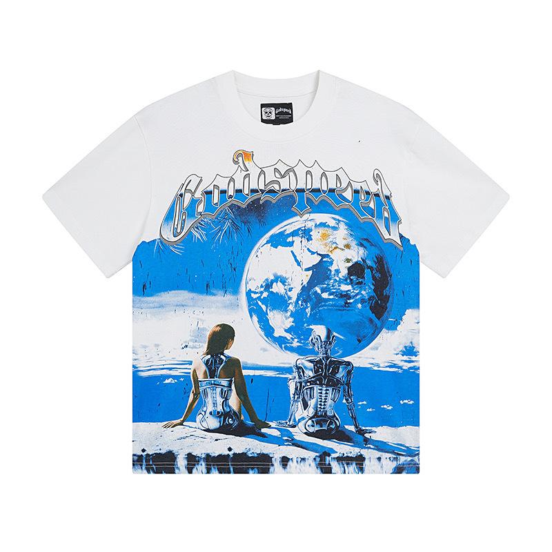 25SS Grensoverschrijdend Meichao Godspeed Schedel Rockband Basketbal Retro Korte Mouw T-shirt Koppels Dezelfde Stijl