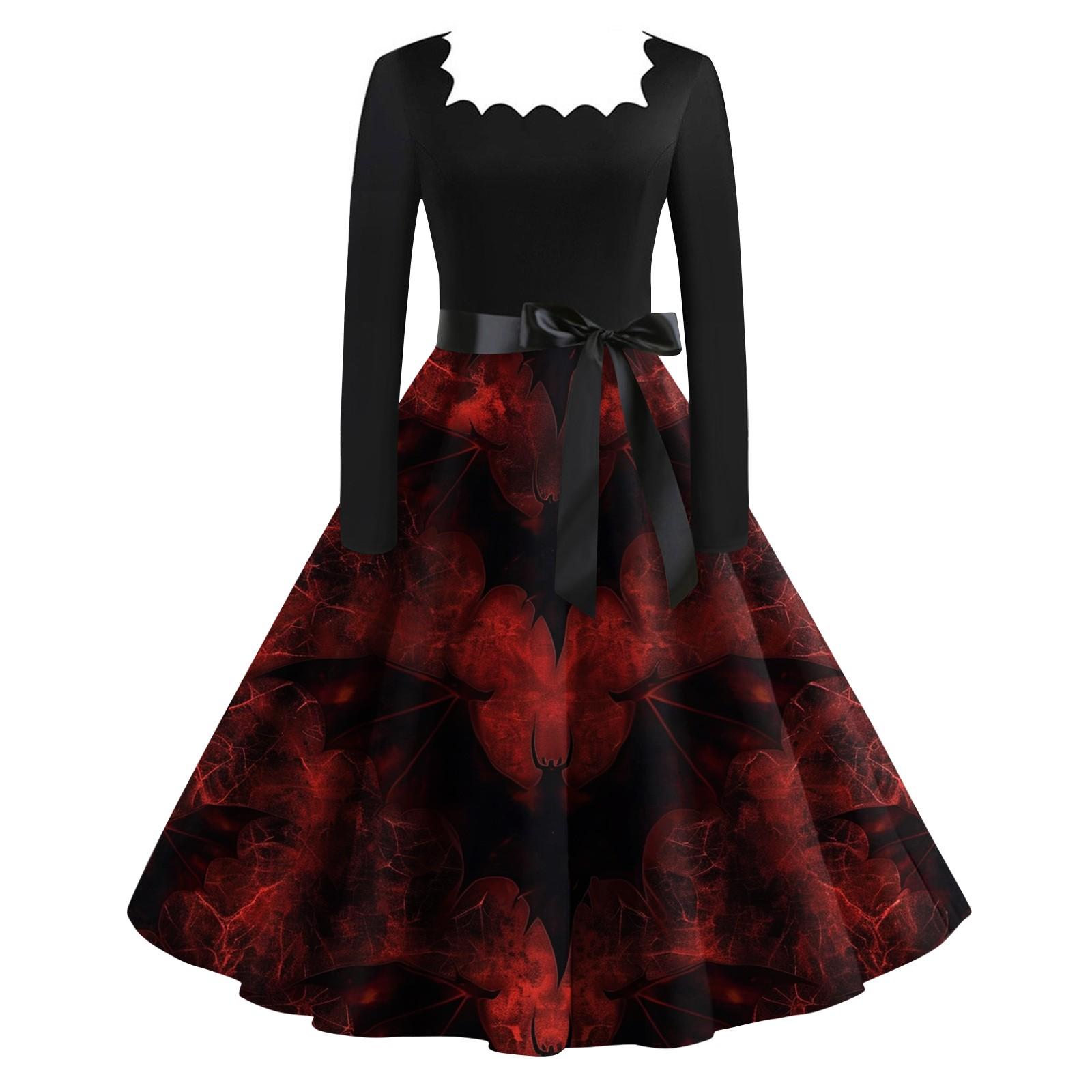 

Женское модное ретро вечернее платье с длинным рукавом и квадратным вырезом с принтом на Хэллоуин M