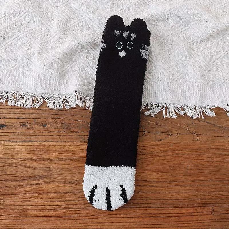 

Winter New Embroidered Towel Socks Women s Home Sleep Half Fleece Cat Claw Coral Velvet Socks Comfortable Soft Fabric Socks One Size чёрный