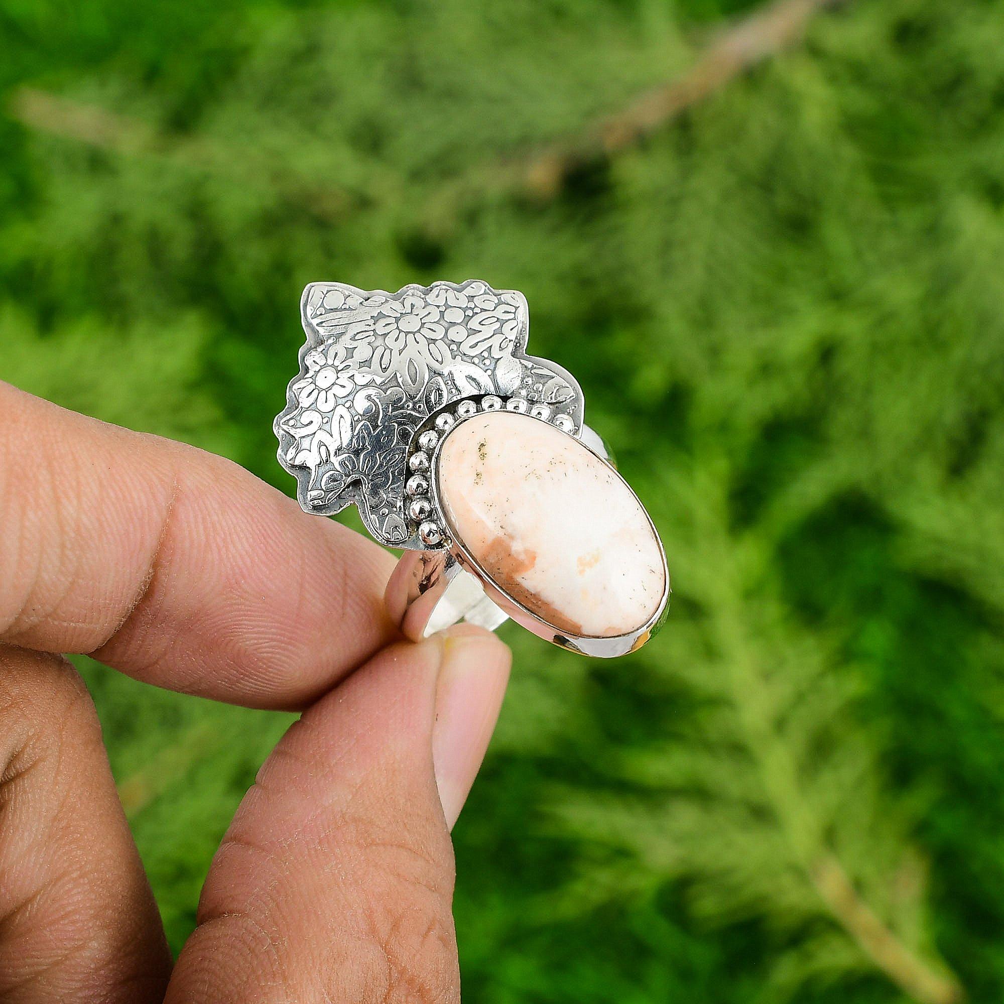 

Распродажа ко Дню матери Кольцо-заявление из стерлингового серебра 925 пробы с овальным камнем сколецитом Adjustable