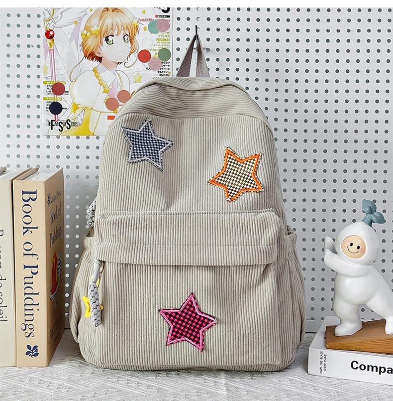 Women's Mori Style Corduroy Backpack - Harajuku Middle School Bookbag with Star Design for Travel