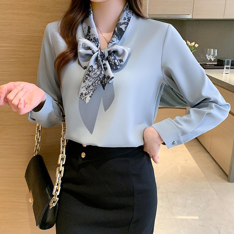 2026 Spring and Autumn New Fashion Bow Long Sleeve Shirt for Women, Elegant Casual Top S синий