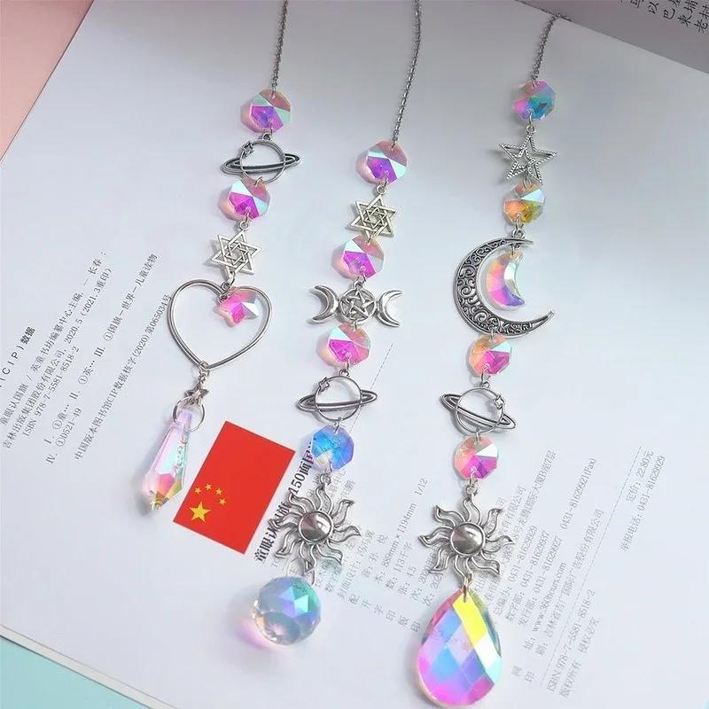 Crystal Wind Chime Moon Sun Catcher Diamond Prism Pendant Dream Catcher Rainbow Chaser Pendant Home Garden Decoration Wind Chime