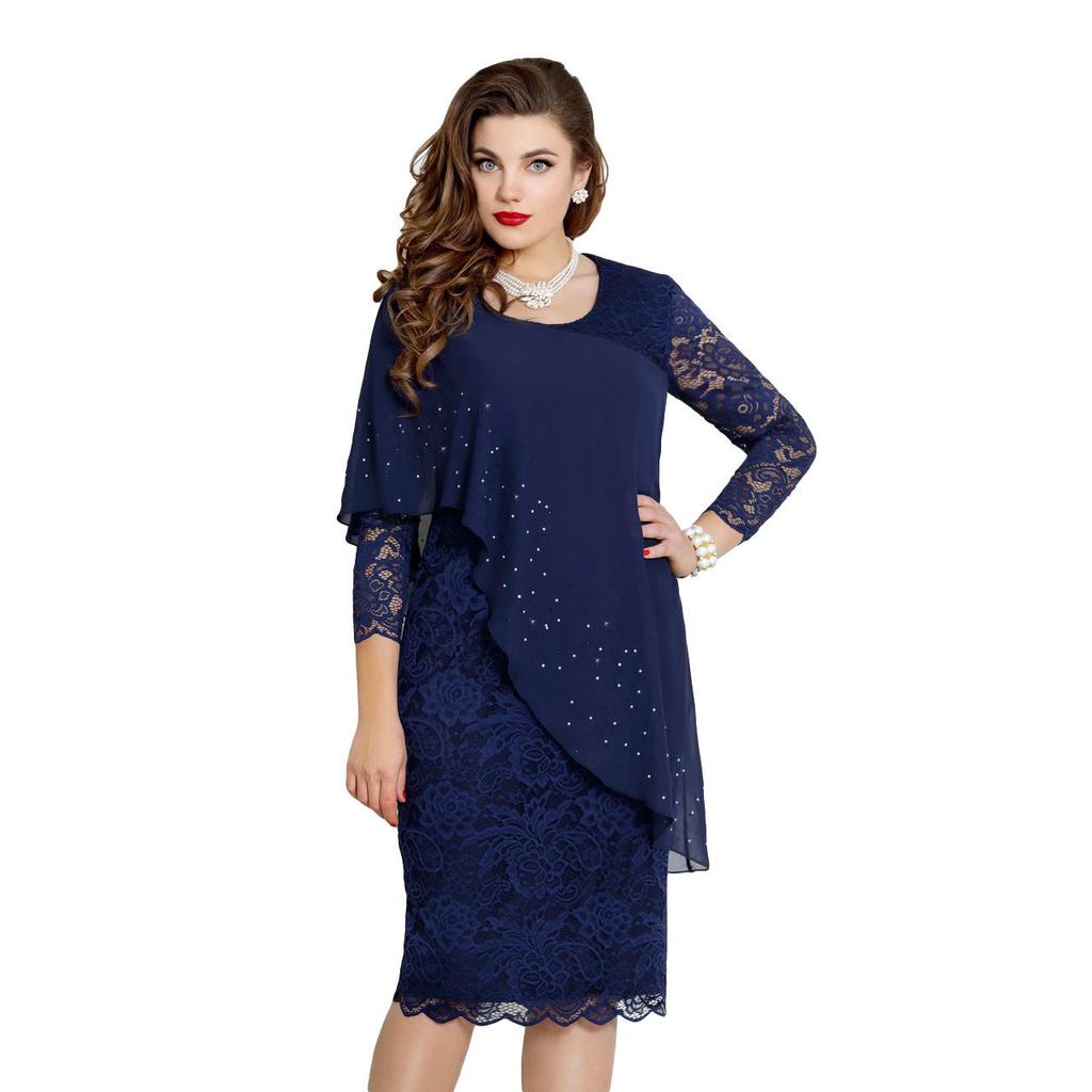 Large Size Solid Color Lace Splicing Elegant Seven-quarter Sleeve Slim-fitting Evening Dress Skirt Women's Clothing