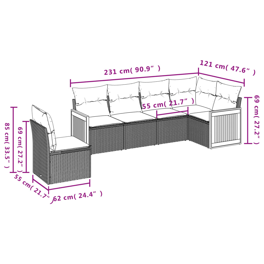 Vidaxl 6-Cz. Set di Mobili da Giardino con Cuscini, Grigio, Polyrattan